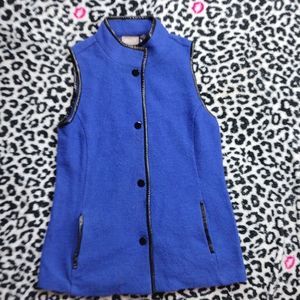 Chico's Blue Wool Button Down Faux Leather Lined Vest